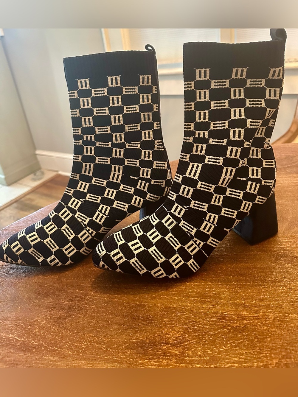Boutique Navy & White Geometric Knit Sock Bootie Stretch Block Heel Boots